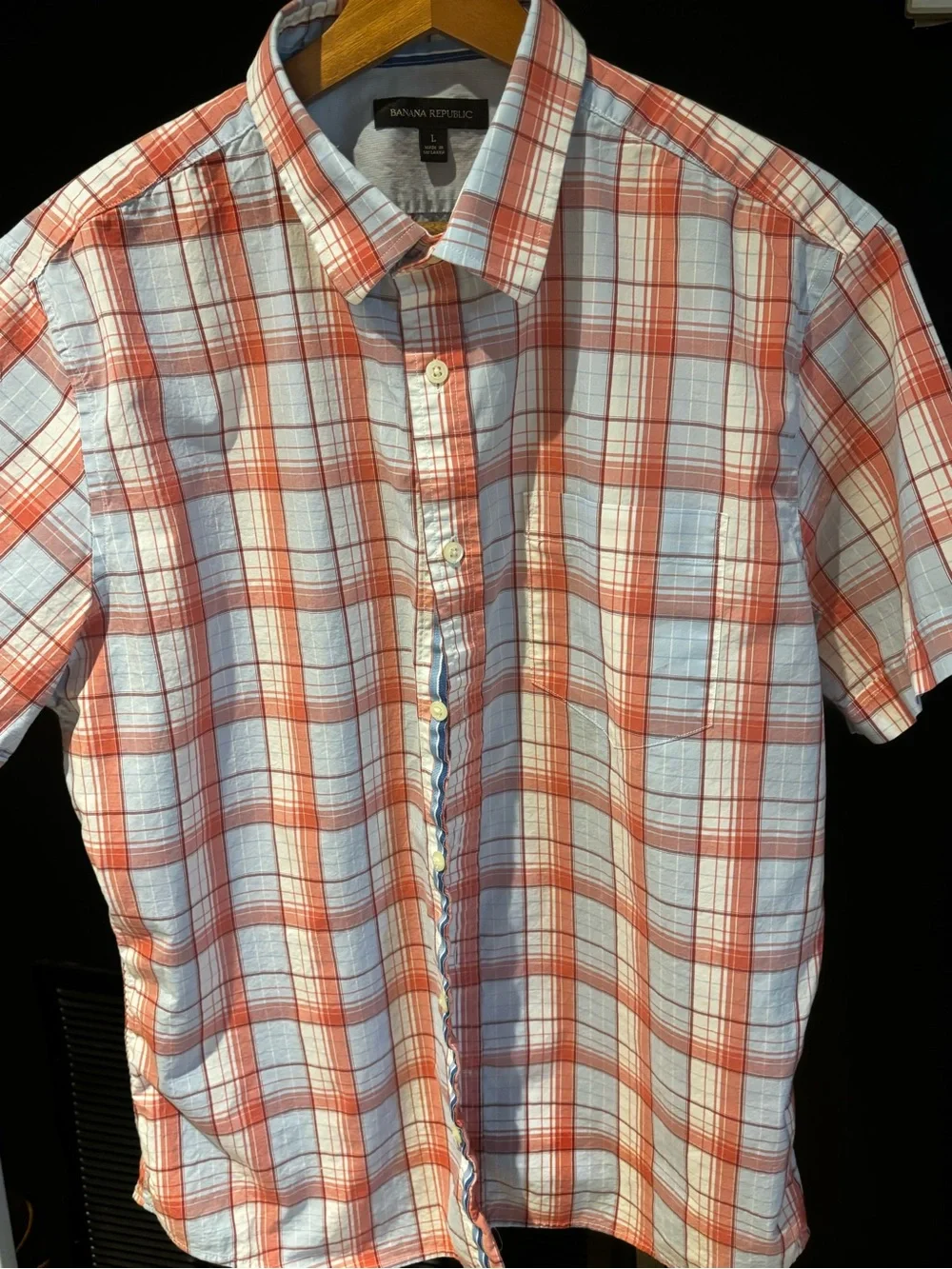 Banana Republic Men’s Short-Sleeve Plaid Shirt - Light Blue & Coral